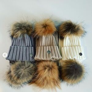 Kids Ribbed Pom Pom Beanie Hat — Gray, Beige, Ivory